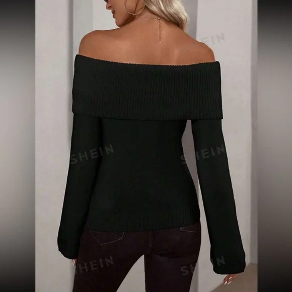 Off Shoulder Foldover Ribbed Knit Sweater - Picture 2 of 8